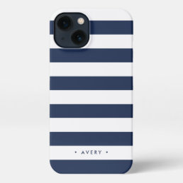Classic Navy &amp; White Stripe Personalized iPhone 13 Case