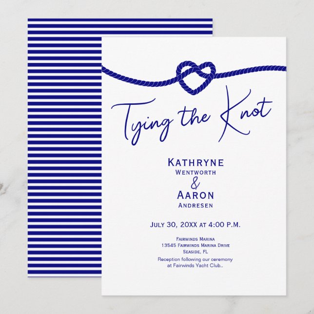 Classic Navy White Stripes Tying the Knot Wedding  Invitation (Front/Back)