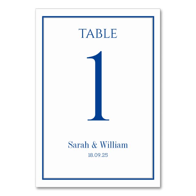 Classic Navy & White Wedding Table Number Card (Front)