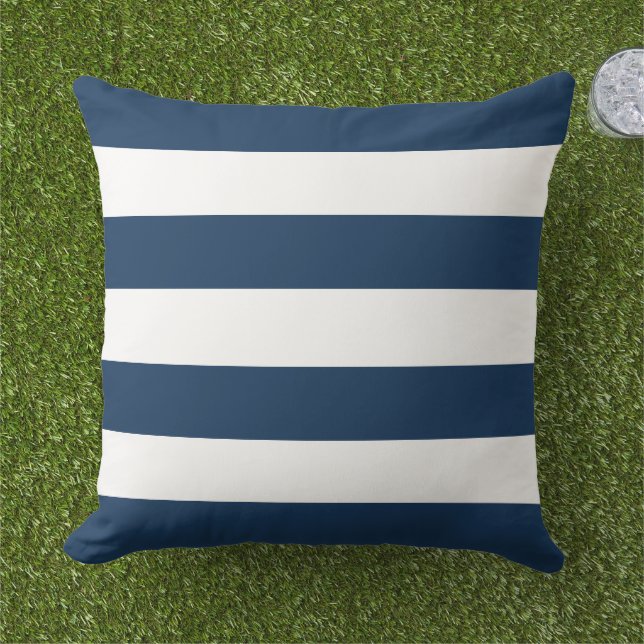 Classic Navy White Wide Horizontal Stripe Outdoor Pillow (Grass)