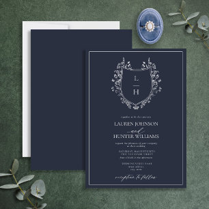 Classic Navy Wildflower Monogram Crest Wedding Invitation