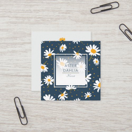 Classic Navy Yellow White Daisy Dot Floral Pattern Square Business Card