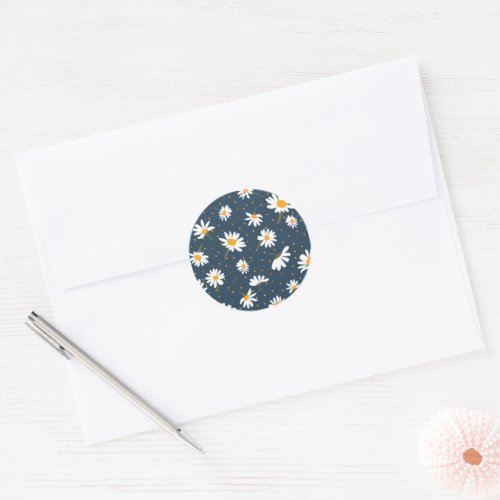 Classic Navy Yellow White Daisy Floral Pattern Classic Round Sticker