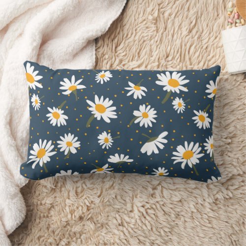 Classic Navy Yellow White Daisy Floral Pattern Lumbar Pillow