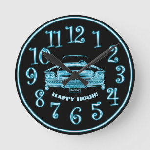 Classic Neon Car, Add Name to License, Happy Hour! Round Clock