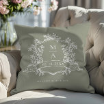 Classic Neutral Color Floral Crest Wedding Throw Pillow<br><div class="desc">Elegant neutral green floral crest wedding throw pillow with monograms,  perfect for a modern classic or romantic vintage wedding. For more advanced customization of this design,  please click the BLUE DESIGN TOOL BUTTON above! Matching items are also available.</div>