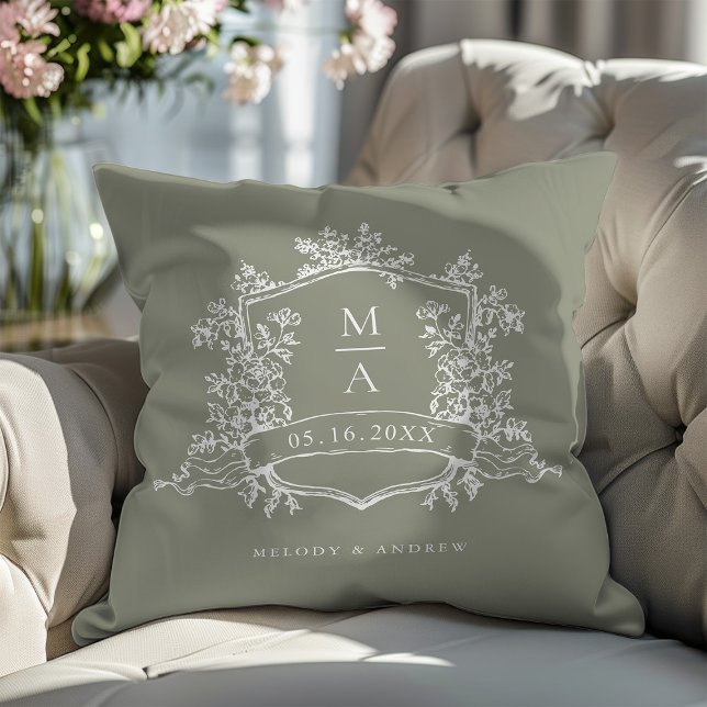 Classic Neutral Color Floral Crest Wedding Throw Pillow (Creator Uploaded)