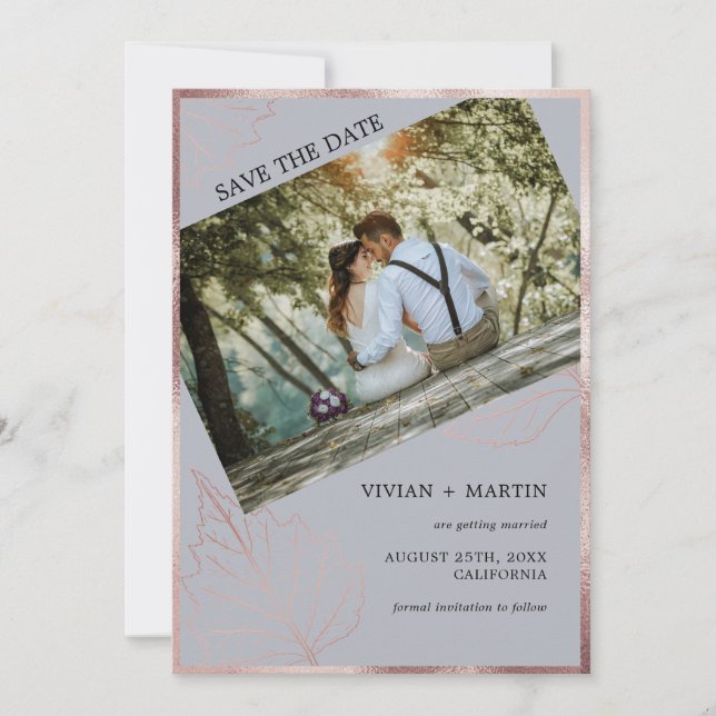 Classic Neutral Gray Matt Rose Gold Leaves Wedding Save The Date (Front)