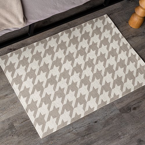 Classic Neutral Ivory Taupe Houndstooth Pattern Rug