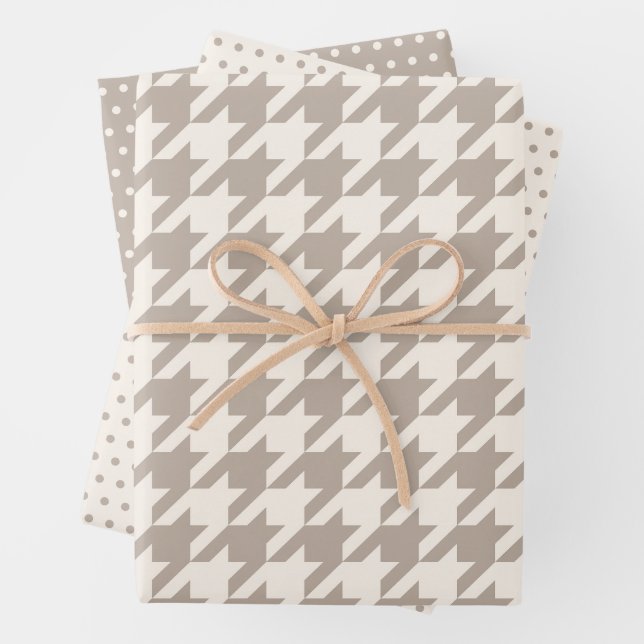 Classic Neutral Ivory Taupe Houndstooth Pattern Wrapping Paper Sheets (In situ)