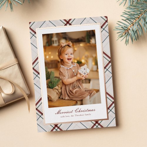 Classic neutral plaid frame Merry Christmas photo Foil Holiday Card
