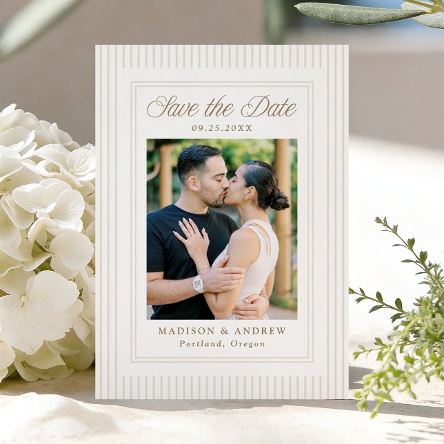 Classic Neutral Stripes Photo Wedding Save The Date (Creator Uploaded)