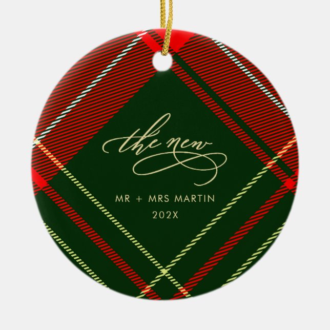 Classic Newlywed Christmas Red Plaid Photo Holiday Ceramic Ornament (Front)