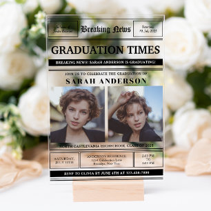 Classic Newspaper Style 2 Photo Graduation Party Acrylic Invitations