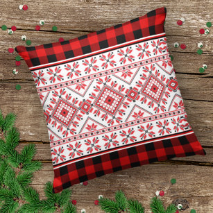 Classic Nordic Fair Isle And Red Black Lumberjack Outdoor Pillow