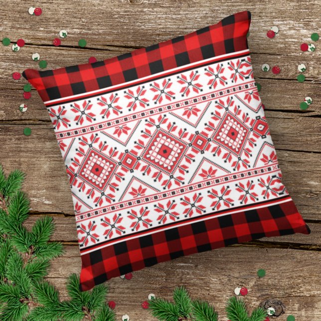 Classic Nordic Fair Isle And Red Black Lumberjack Outdoor Pillow (Creator Uploaded)