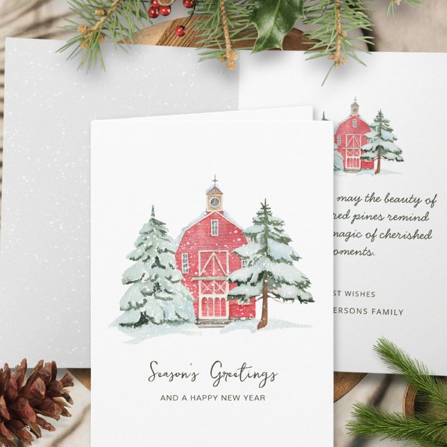 Classic Nordic Red Barn Winter Pine Christmas Tree Card (Creator Uploaded)