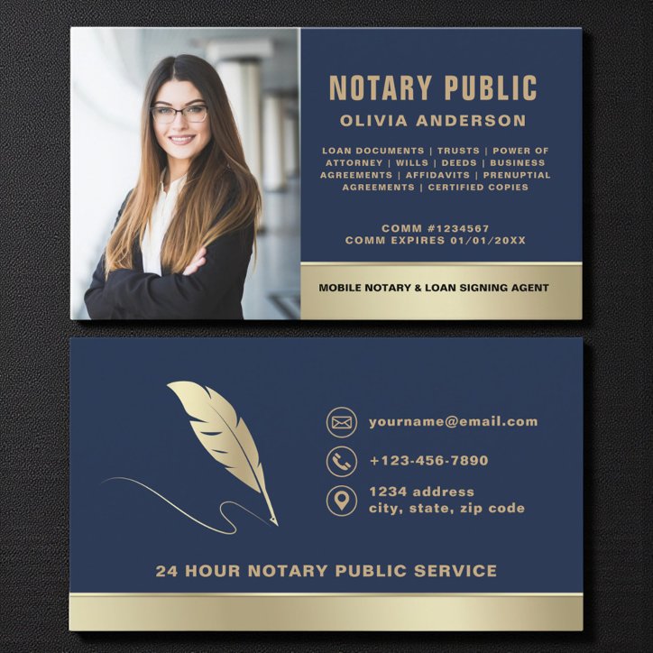 Classic Notary Public Navy Blue Gold Photo Business Card