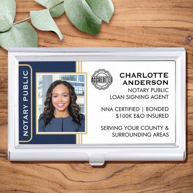 Classic Notary Public Photo Logo Navy Business Card Case (Creator Uploaded)