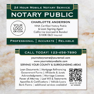 Classic Notary Signing Agent Logo Green Gold Business Card