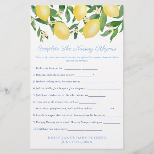 Classic Nursery Rhymes Game Card Lemon Baby Shower Flyer