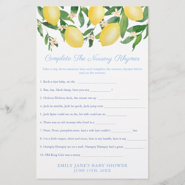 Classic Nursery Rhymes Game Card Lemon Baby Shower Flyer (Front)