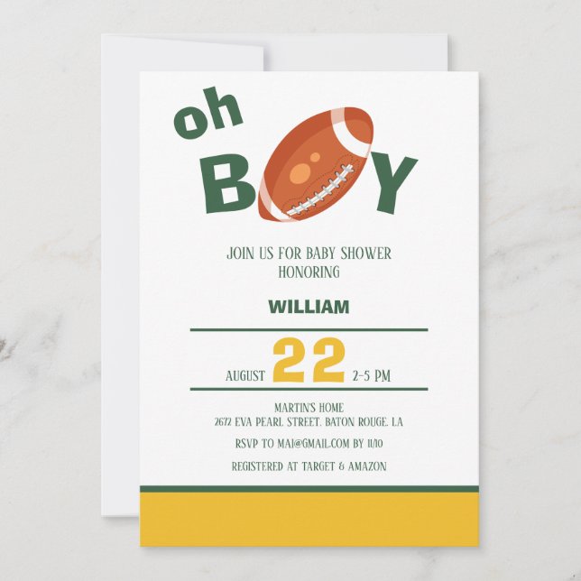 Classic Oh Boy Retro Football Baby Shower Invitation (Front)