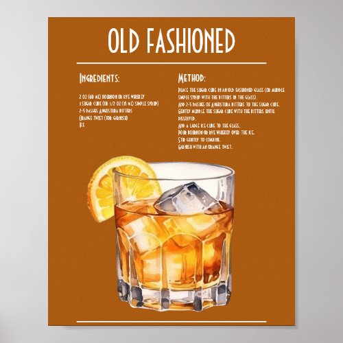 Classic Old Fashioned Recipe Bar Poster