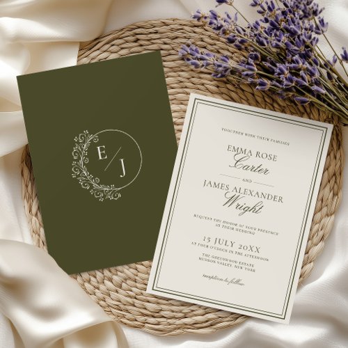 Classic Old Money Olive Green Elegant Wedding Invitation