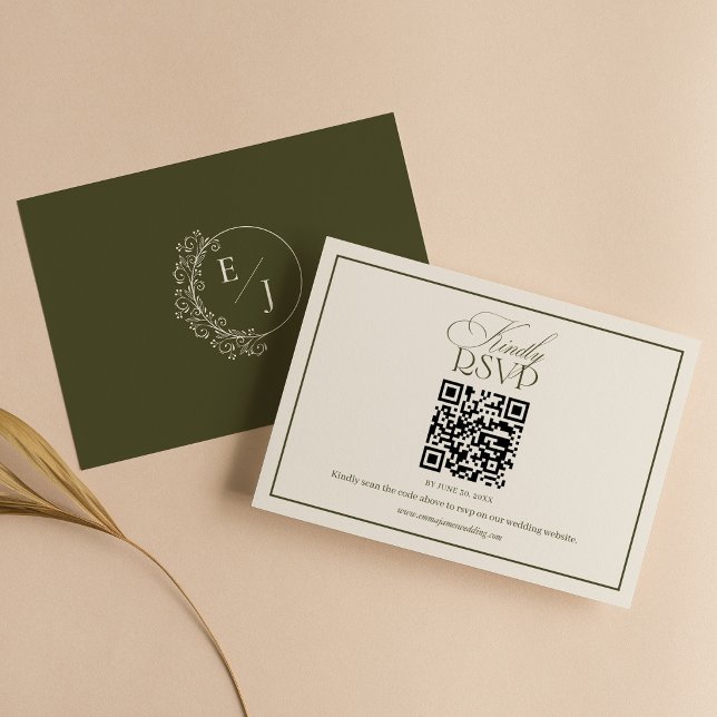 Classic Old Money Olive Green Wedding QR Code RSVP Card (Creator Uploaded)