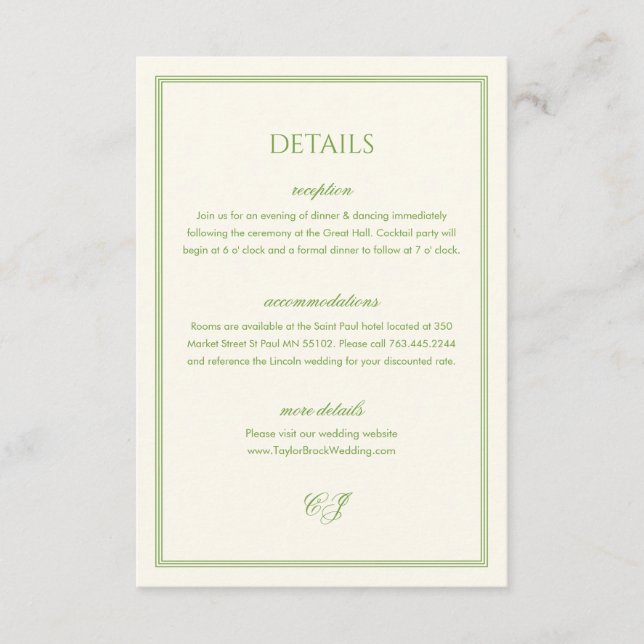 Classic Old Money White and Green Wedding Details Enclosure Card (Front)
