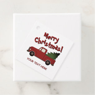 Classic old red truck with Christmas tree drawing Favor Tags