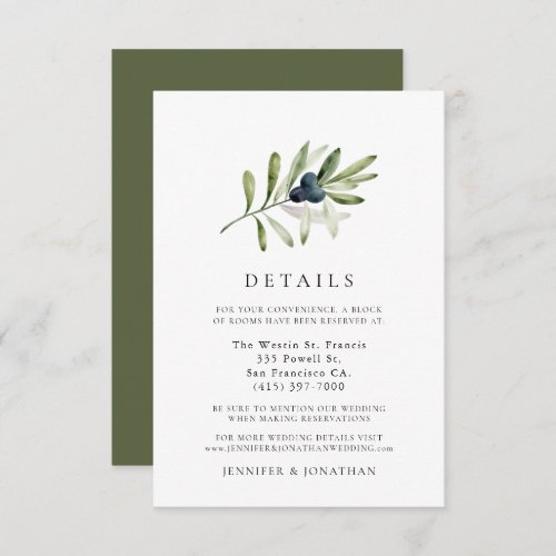 Classic Olive Branch Wedding Details Card