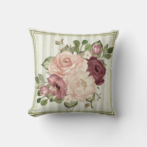 Classic OliveCream Stripes with Cabbage Roses  Throw Pillow