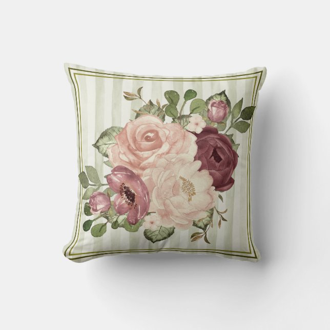 Classic Olive/Cream Stripes with Cabbage Roses  Throw Pillow (Front)
