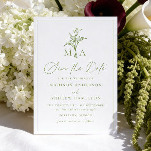 Classic Olive Green Calla Lily Monogram Wedding Save The Date