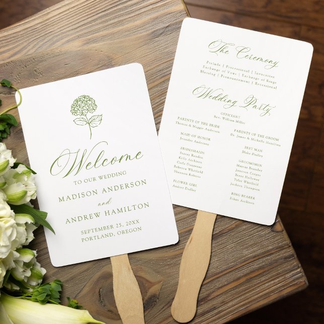 Classic Olive Green Hydrangea Wedding Program Hand Fan (Creator Uploaded)
