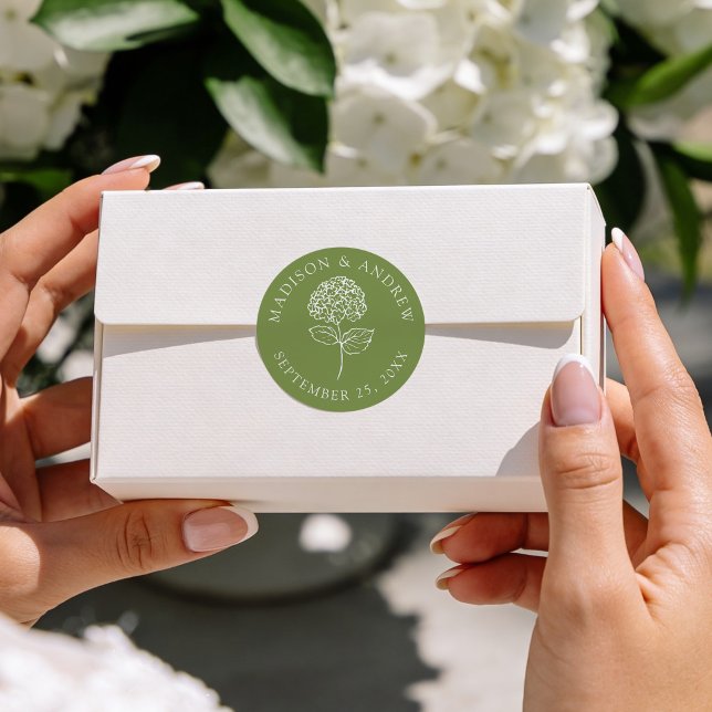 Classic Olive Green Hydrangea Wedding Round Sticker (Creator Uploaded)