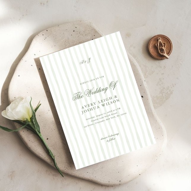 Classic Olive Green Striped Elegant Wedding Invitation (Creator Uploaded)