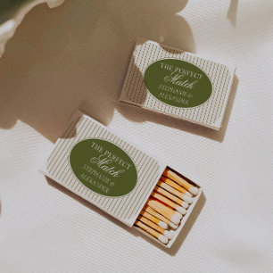 Classic Olive Green Stripes Oval Old Money Wedding Matchboxes