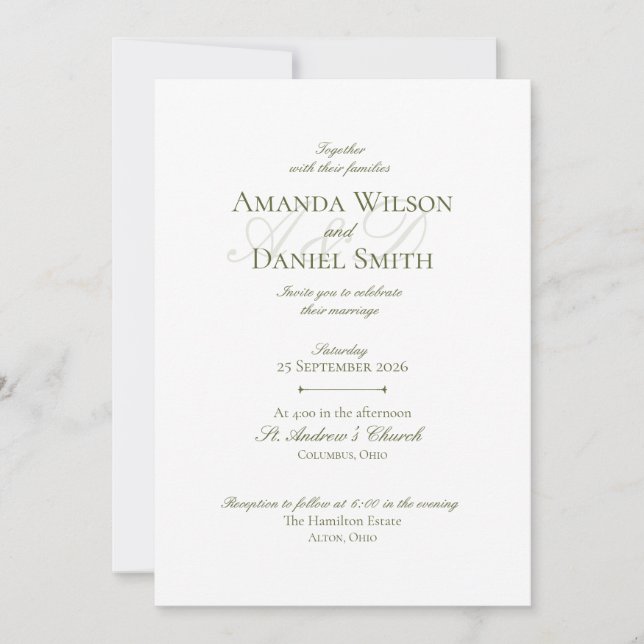 Classic Olive Wedding Invitation (Front)