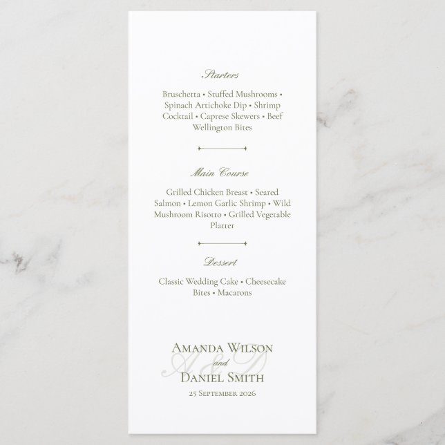 Classic Olive Wedding Menu (Front)