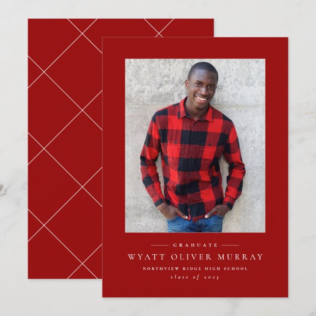 Classic one photo red graduation announcement (Front/Back)