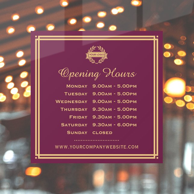 Classic Opening Hours Business Logo Plum Gold Window Cling (Creator Uploaded)