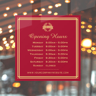 Classic Opening Hours Business Logo Red Gold Window Cling