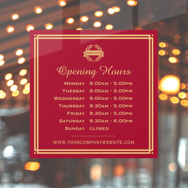 Classic Opening Hours Business Logo Red Gold Window Cling (Creator Uploaded)