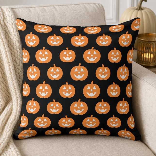 Classic Orange Jack o Lantern Pattern Black Throw Pillow (Creator Uploaded)