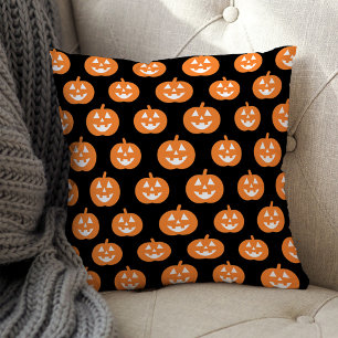Classic Orange Jack o Lantern Pattern Black Throw Pillow