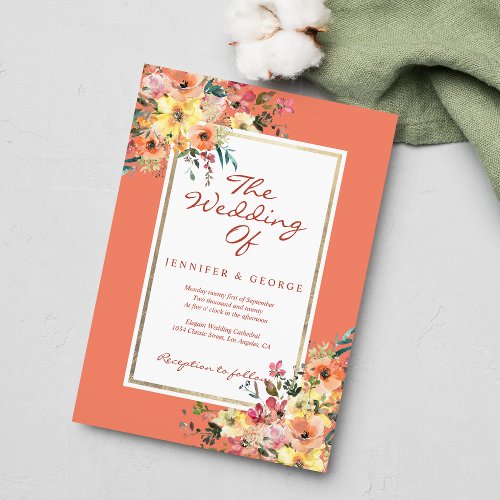 Classic orange pink coral floral country wedding invitation