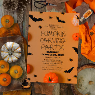 Classic Orange Pumpkin Carving Party Bats Invitation